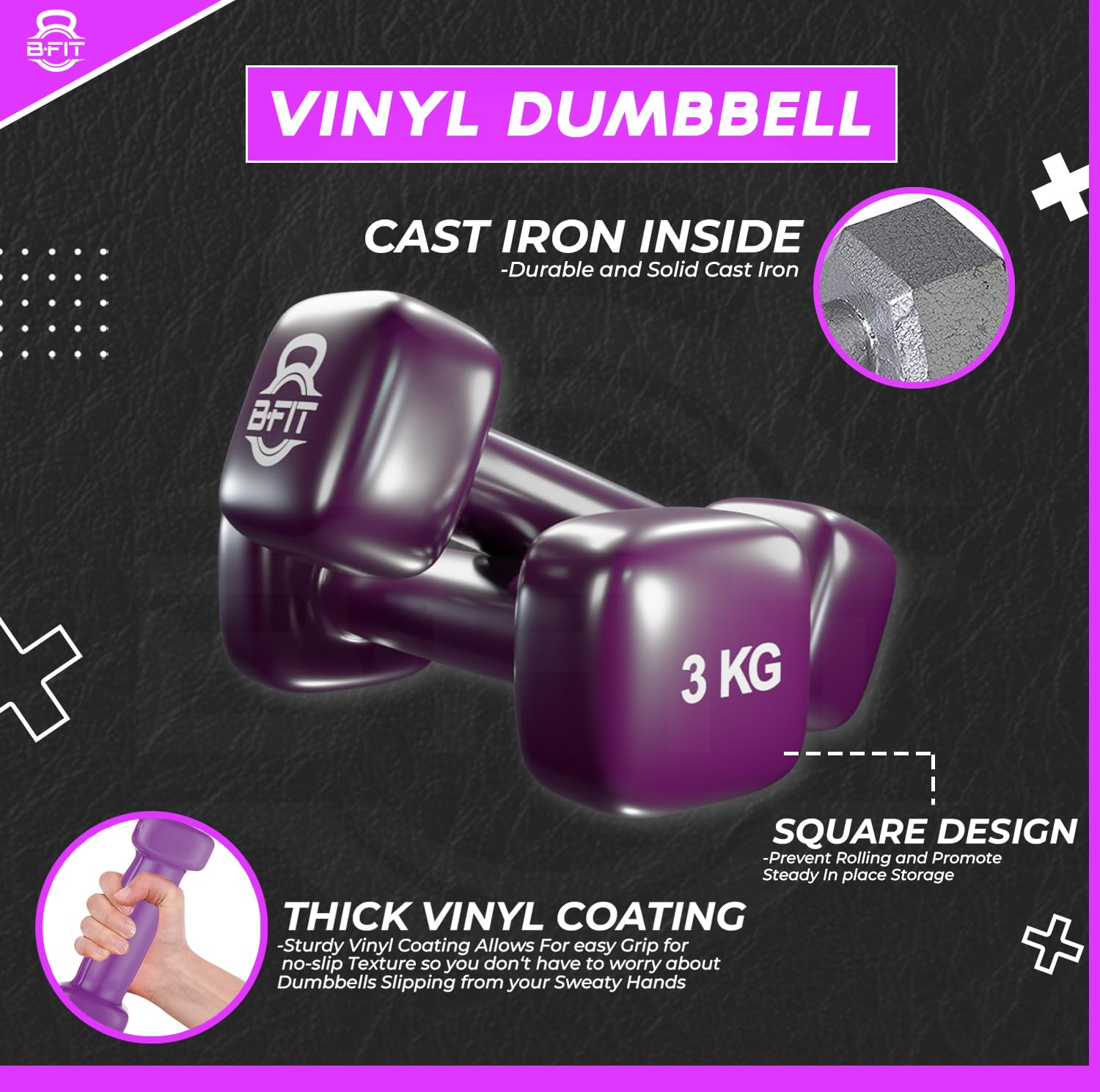 B fit Vinyl Square shape Dumbbell 3 Kg Pair Packing