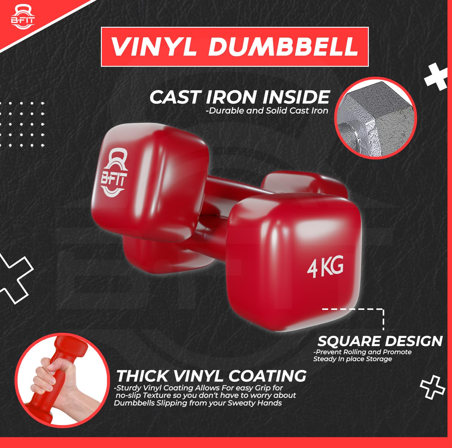 B fit Vinyl Square shape Dumbbell 4 Kg Pair Packing