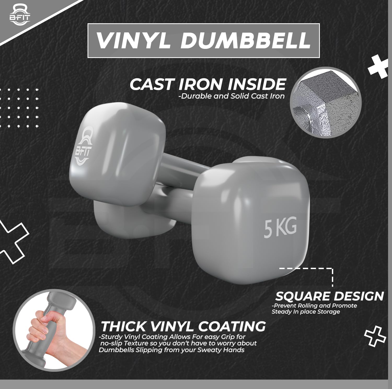 B fit Vinyl Square shape Dumbbell 5 Kg Pair Packing