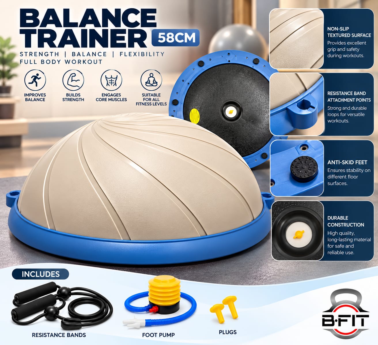 B FIT Balance Trainer Stability Half Ball Bosu Ball Beige Colour 58 Cm with Pump and Tubes