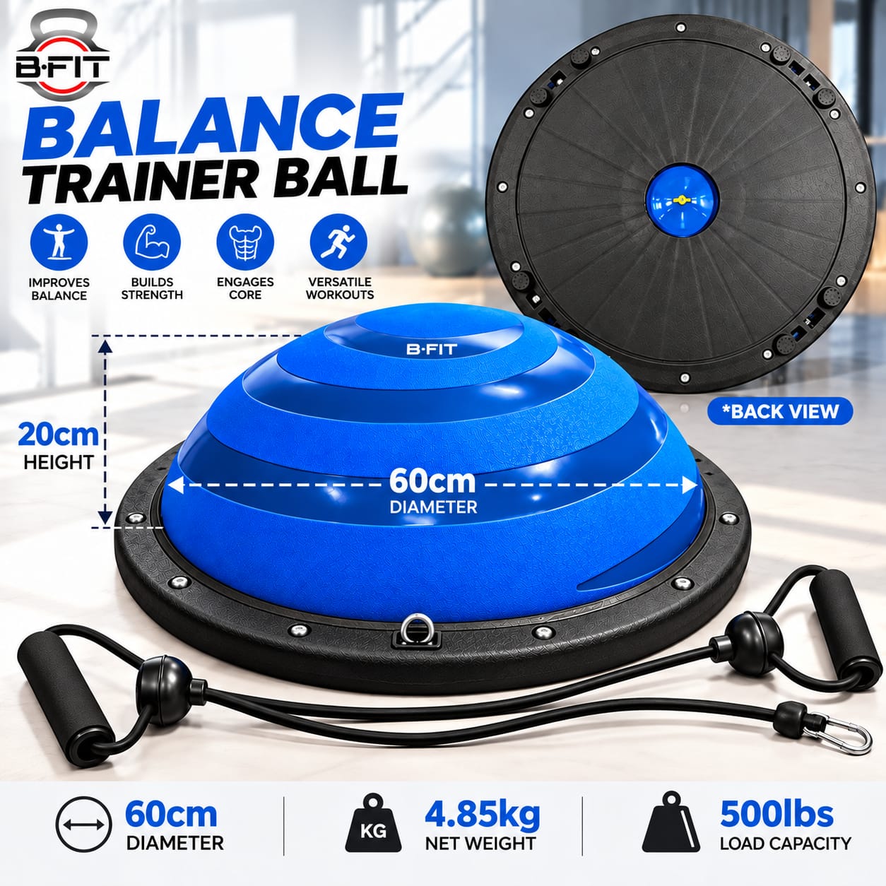 B FIT Balance Trainer Stability Half Ball  Bosu Ball Blue Colour 60 Cm with Pump and Tubes