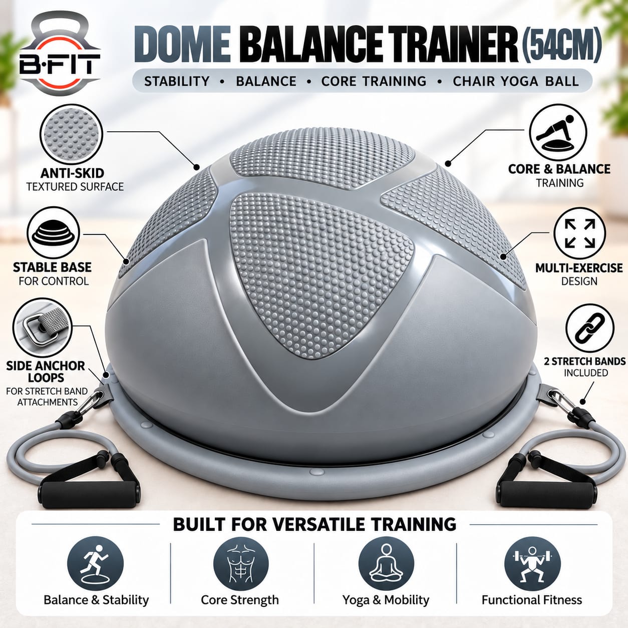 B FIT Balance Trainer Stability Half Ball Bosu Ball Grey Colour 54 Cm with Pump and Tubes