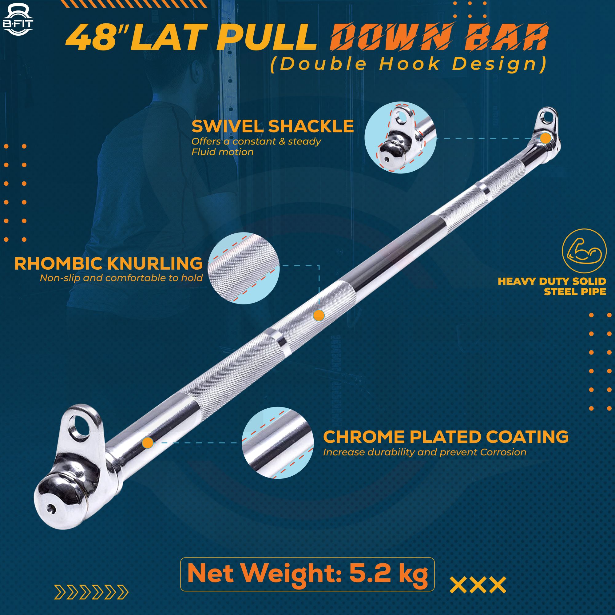 B Fit 48 Straight Lat Pull Down Bar with Revolving Double Hook for Dual Pulley Cable Machines Functional Trainer Multi-Purpose Attachment