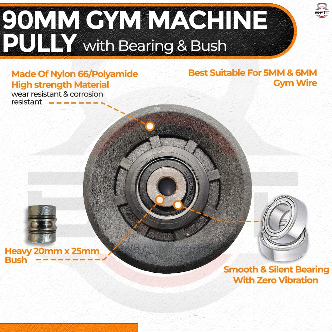 B Fit Gym Pulley 90 MM Black with inbuilt Bearing and Bush Wheel Cable Gym Fitness Equipment Part Set