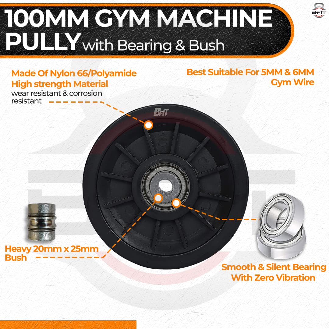 B Fit Gym Pulley 100 MM Black with inbuilt Bearing and Bush Wheel Cable Gym Fitness Equipment Part Set