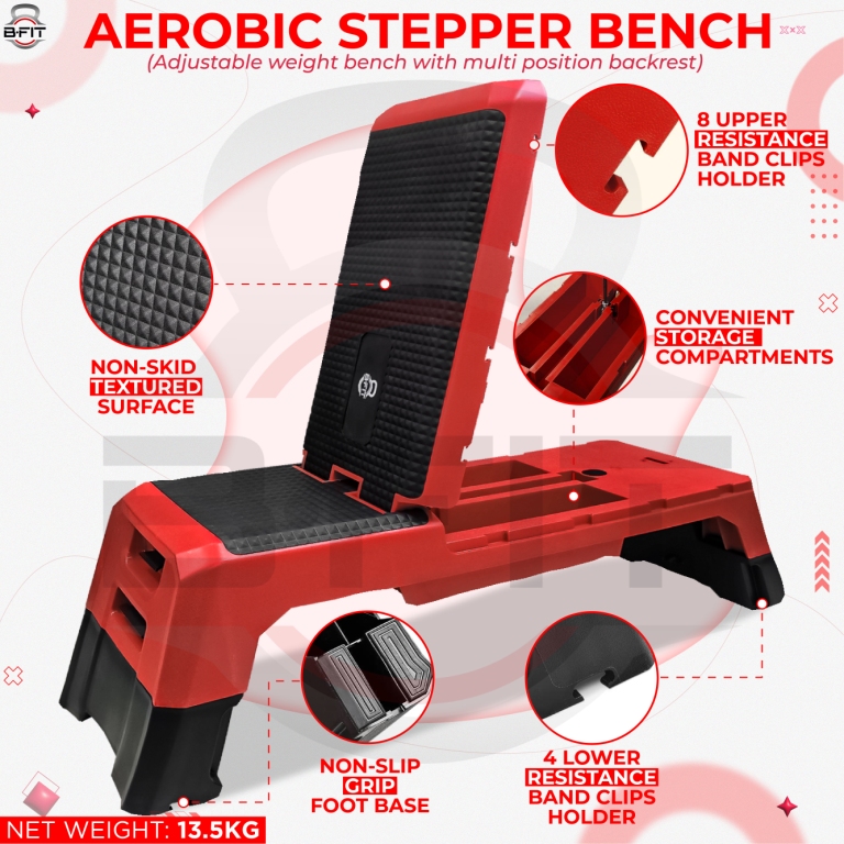 B Fit Aerobic Step Platform Size 120x30x20cm Multifunctional Aerobic Step Platform with 2 Riser Adjustable Platform Non-Slip Surface Exercise Step Platform Color Black and Red