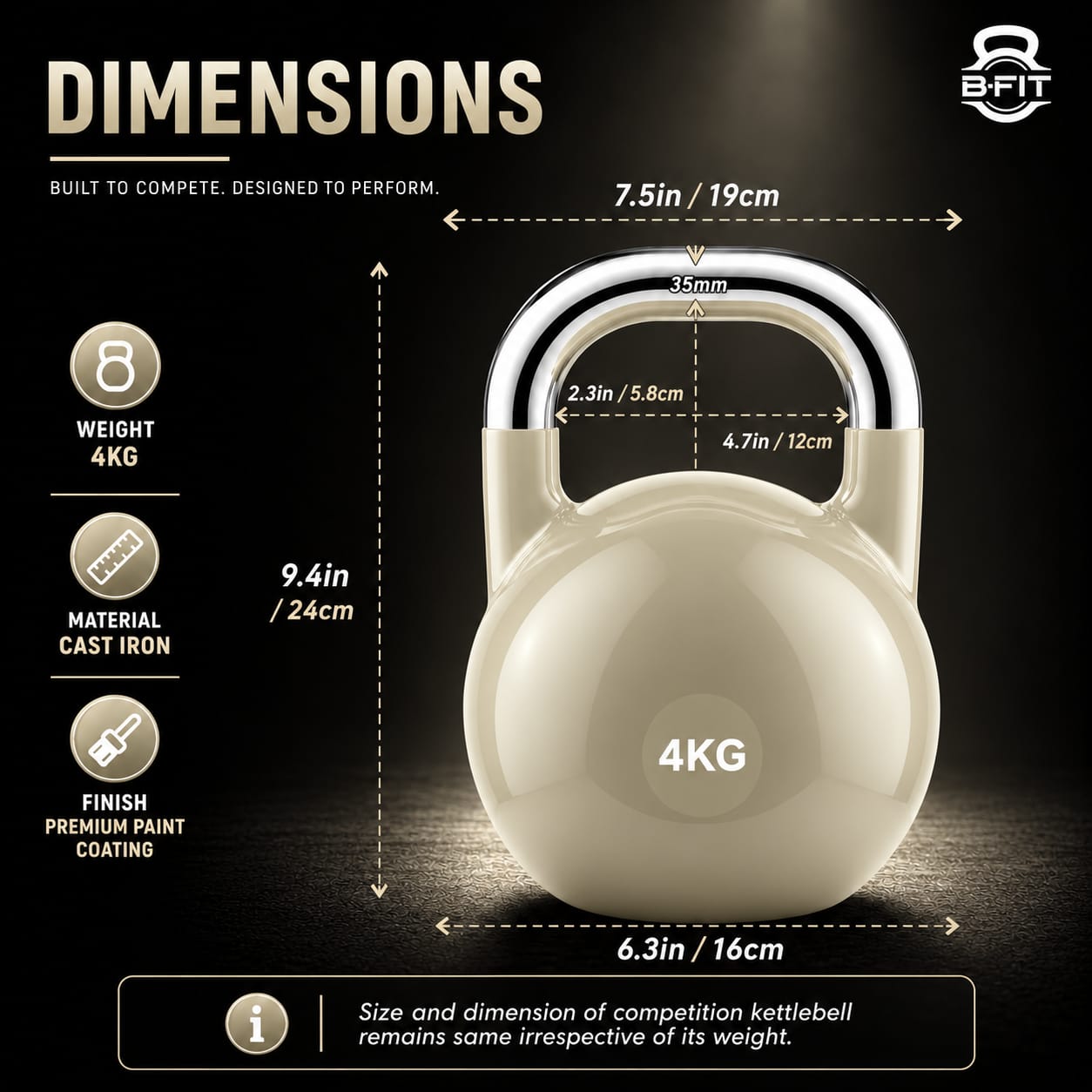 B Fit Competition Kettlebell 4 KG Professional Grade Kettlebell for Fitness Weightlifting Core Training