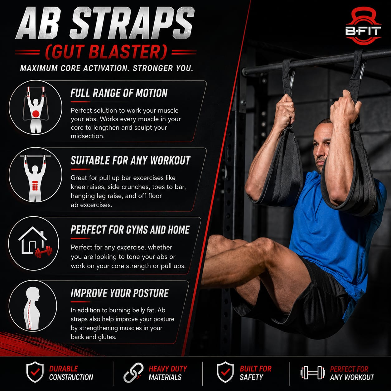 B Fit Fitness Hanging Close Loop Design Ab Straps for Pull Up Bar Core Strength Training - Soft Padded Exercise Straps for Ab Swing Leg Raises 2 Hang Bar Strap with 2 Steel Carabiners - Abs Equipment for Home Gym