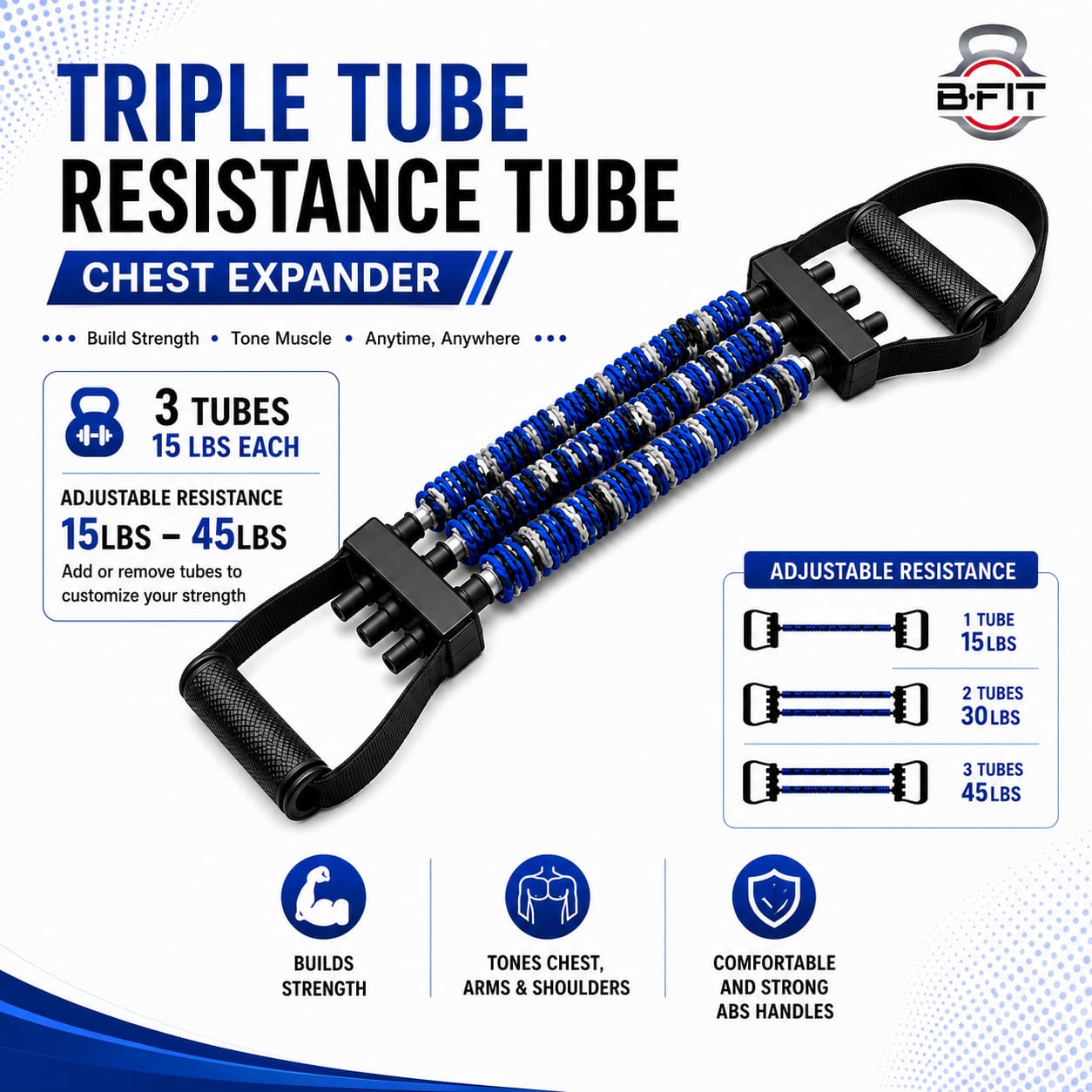 B Fit Natural Latex 3-Hole Resistance Stretcher New Chest Expander Stretch Bands for Men High Elasticity Tear Resistant Exercise Bands with Handles Full-Body Basic Training