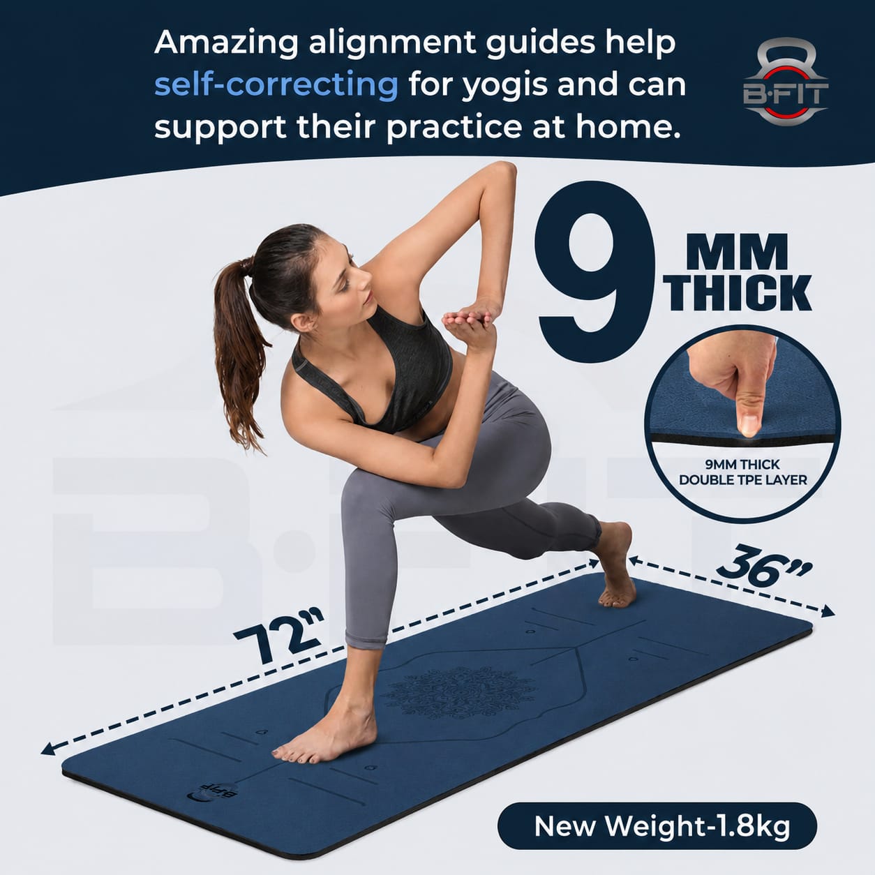 B Fit Extra Wide 36x72 Inch 9 MM Thick Premium TPE Yoga Mat with Alignment Printed Dark Blue -Black Color - Classic Pro Yoga Mat Eco Friendly Non Slip Fitness Exercise Mat with Smart Carry Bag-Workout Mat for Yoga Pilates and Floor Exercises