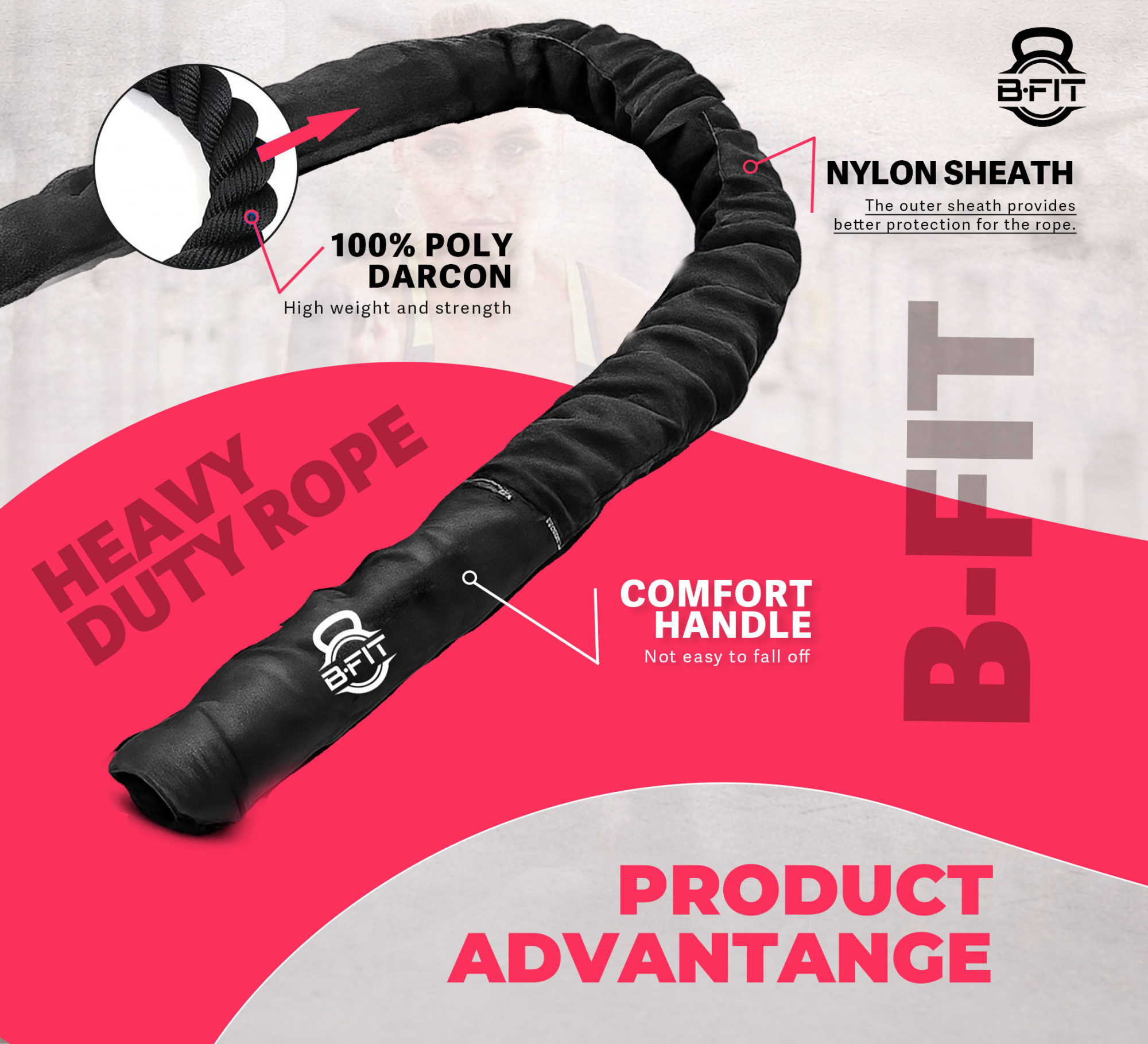 B Fit Battle Rope With Sleeves Length 33 Feet 15 Thick with Anchor Kit Full Body Workout Equipment to Lose Fat Boost Strength Fast Efficient Heavy Rope