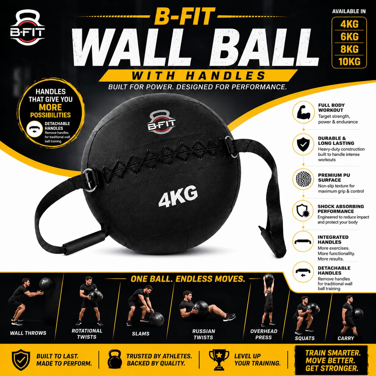 B fit Wall Ball with Handles 4 Kg Weighted Exercise Ball for Dynamic Home Gym HIIT Workouts Build Strength Power Endurance Cardio Fitness Soft Leather Heavy Duty Material Comfortable Grip Balanced Weight