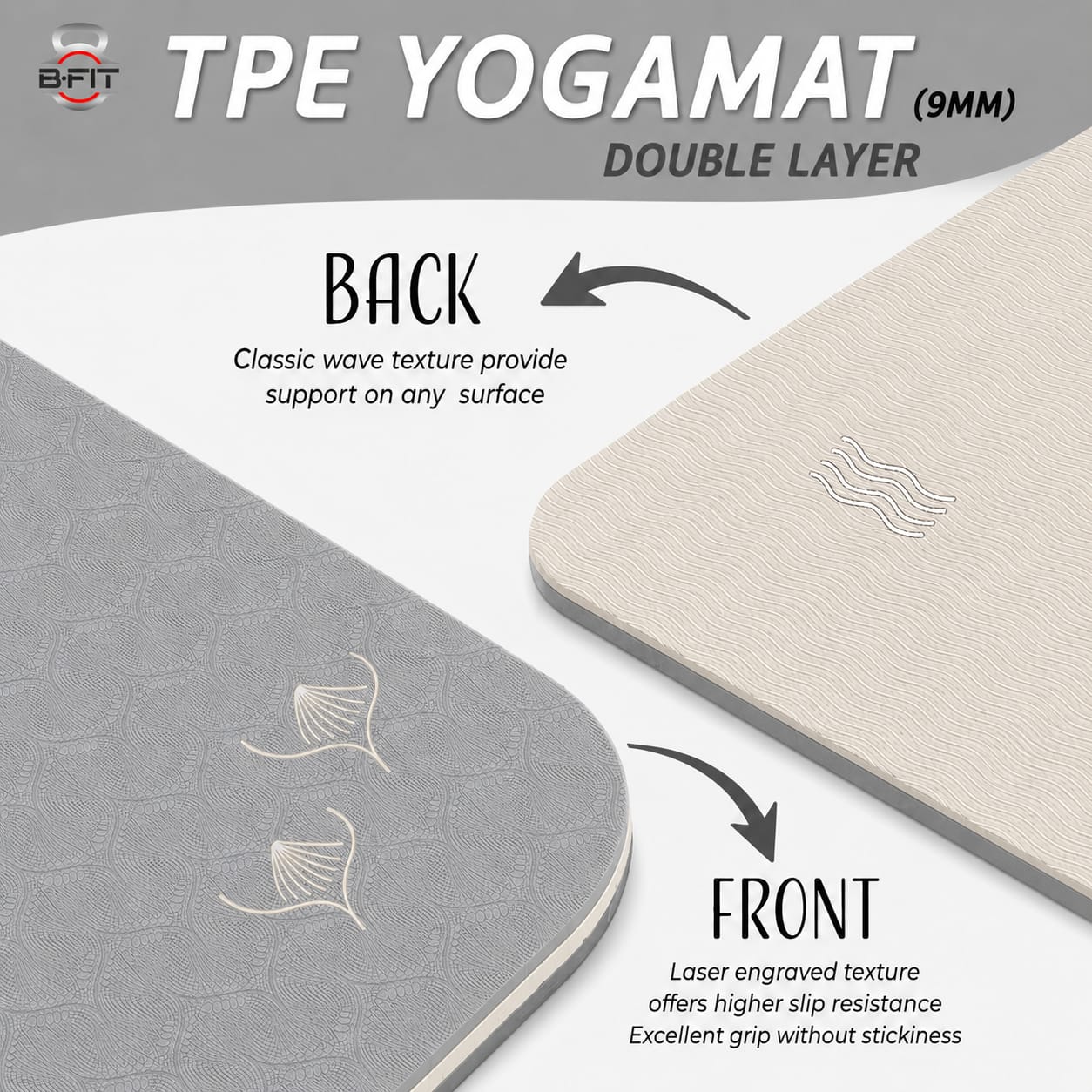 B Fit Extra Wide 36x72 Inch 9 MM Thick Premium TPE Yoga Mat with Alignment Printed Grey-Creame Color - Classic Pro Yoga Mat Eco Friendly Non Slip Fitness Exercise Mat with Smart Carry Bag-Workout Mat for Yoga Pilates and Floor Exercises