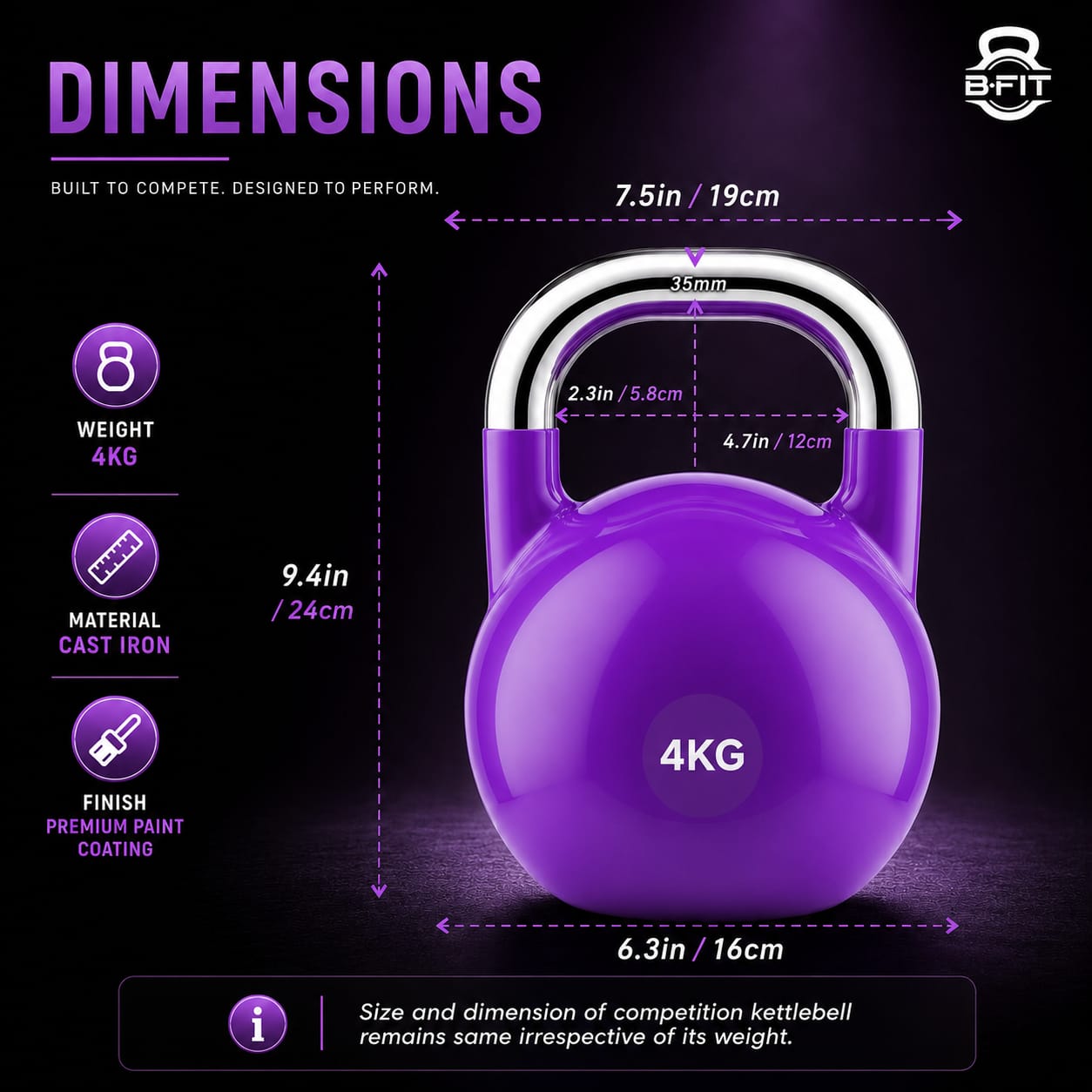 B Fit Competition Kettlebell 4 KG Professional Grade Kettlebell for Fitness Weightlifting Core Training