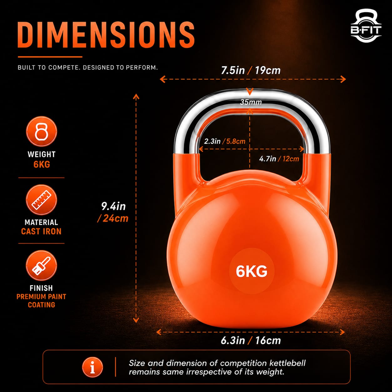 B Fit Competition Kettlebell 6 KG Professional Grade Kettlebell for Fitness Weightlifting Core Training