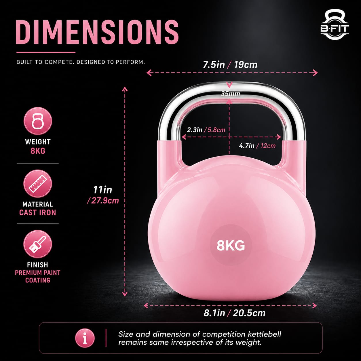 B Fit Competition Kettlebell 8 KG Professional Grade Kettlebell for Fitness Weightlifting Core Training