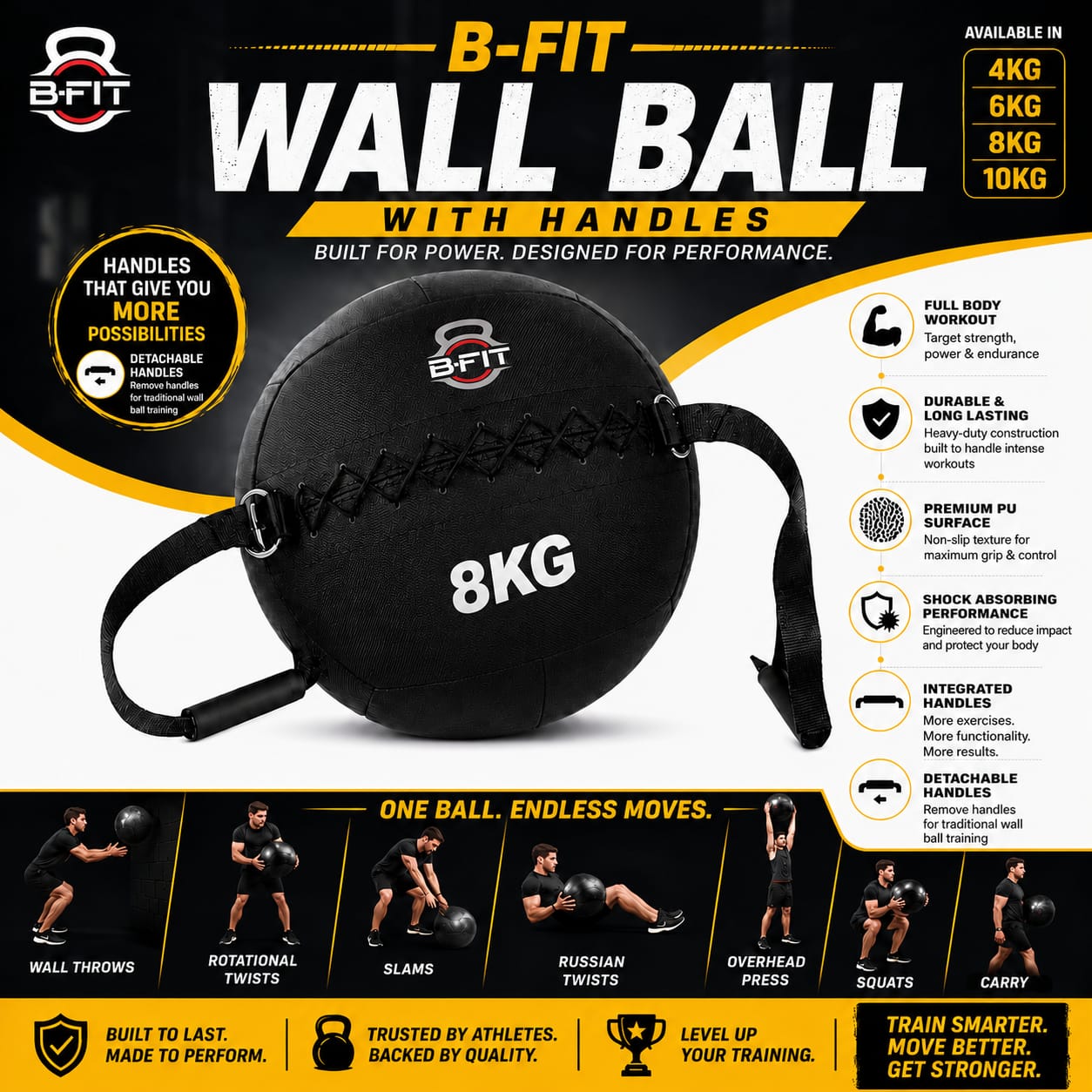 B fit Wall Ball with Handles 8 Kg Weighted Exercise Ball for Dynamic Home Gym HIIT Workouts Build Strength Power Endurance Cardio Fitness Soft Leather Heavy Duty Material Comfortable Grip Balanced Weight