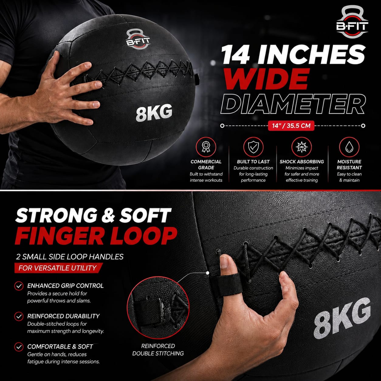 B fit Wall Ball 8 Kg Weighted Exercise Ball for Dynamic Home Gym HIIT Workouts Build Strength Power Endurance Cardio Fitness Soft Leather Heavy Duty Material Comfortable Grip Balanced Weight