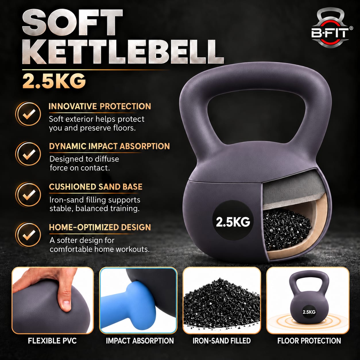 B Fit Soft Kettlebells 25 Kg with Cushioned Impact-Resistant Base and Anti-Slip
