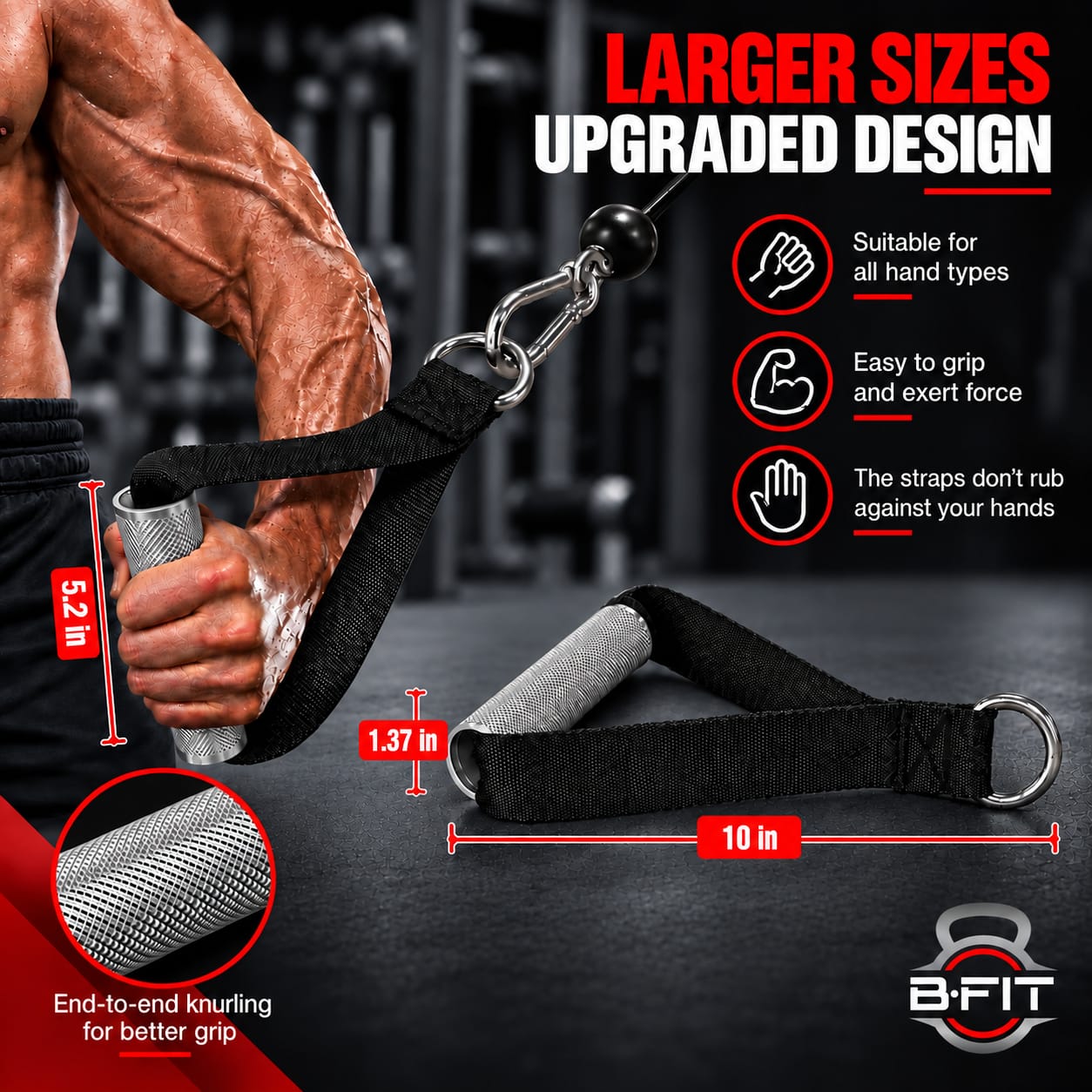 B Fit Heavy Duty Nylon Gym Handle with steel pipe and snap hooks 8MM Pair