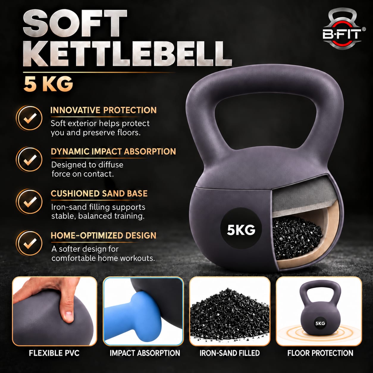 B Fit Soft Kettlebells 5 Kg with Cushioned Impact-Resistant Base and Anti-Slip