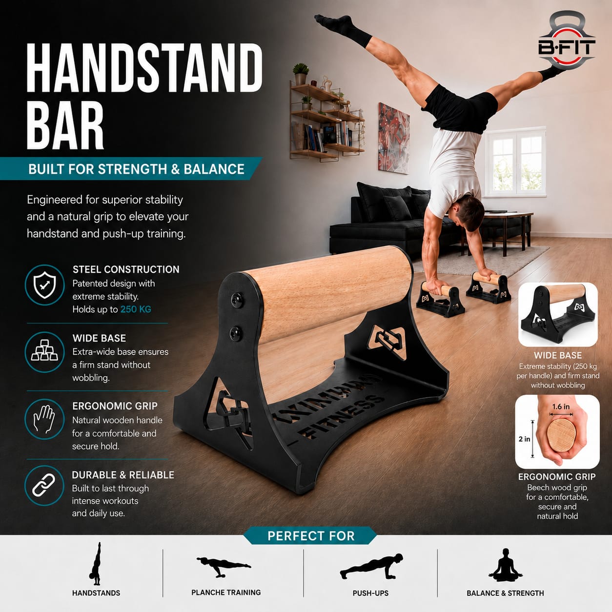 B Fit Push Up Handles with Ergonomic Wooden Handles Heavy-Duty Steel - Beech Wood