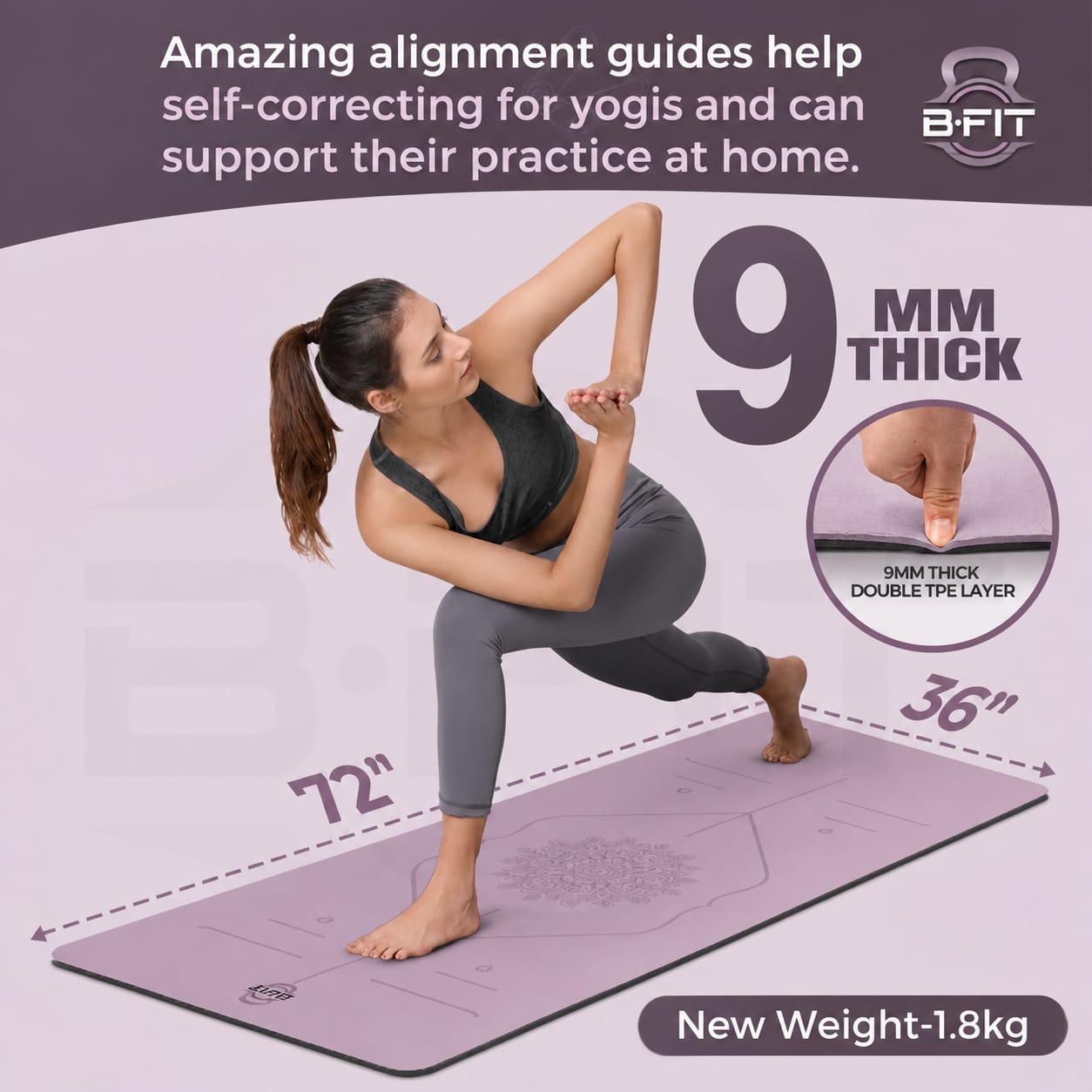 B Fit Extra Wide 36x72 Inch 9 MM Thick Premium TPE Yoga Mat with Alignment Printed Dark Purple-Black Color - Classic Pro Yoga Mat Eco Friendly Non Slip Fitness Exercise Mat with Smart Carry Bag-Workout Mat for Yoga Pilates and Floor Exercises
