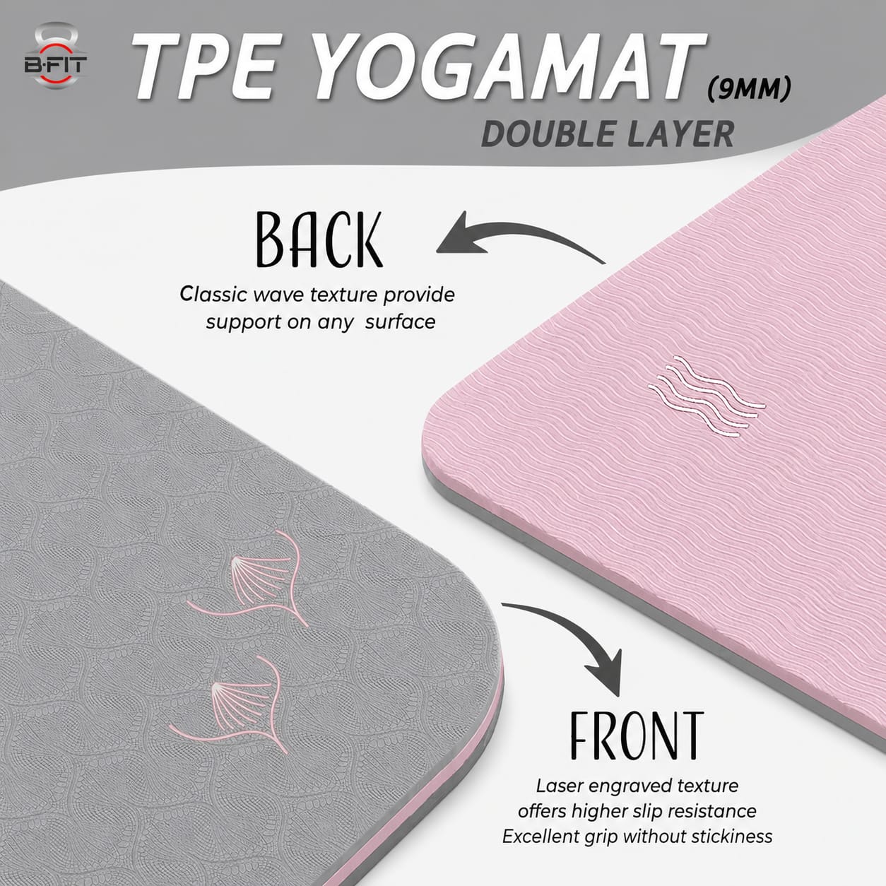 B Fit Extra Wide 36x72 Inch 9 MM Thick Premium TPE Yoga Mat with Alignment Printed Grey-Pink Color - Classic Pro Yoga Mat Eco Friendly Non Slip Fitness Exercise Mat with Smart Carry Bag-Workout Mat for Yoga Pilates and Floor Exercises