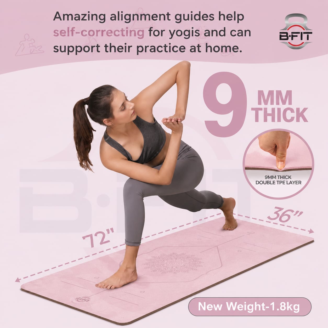 B Fit Extra Wide 36x72 Inch 9 MM Thick Premium TPE Yoga Mat with Alignment Printed Peach-Tan Color - Classic Pro Yoga Mat Eco Friendly Non Slip Fitness Exercise Mat with Smart Carry Bag-Workout Mat for Yoga Pilates and Floor Exercises
