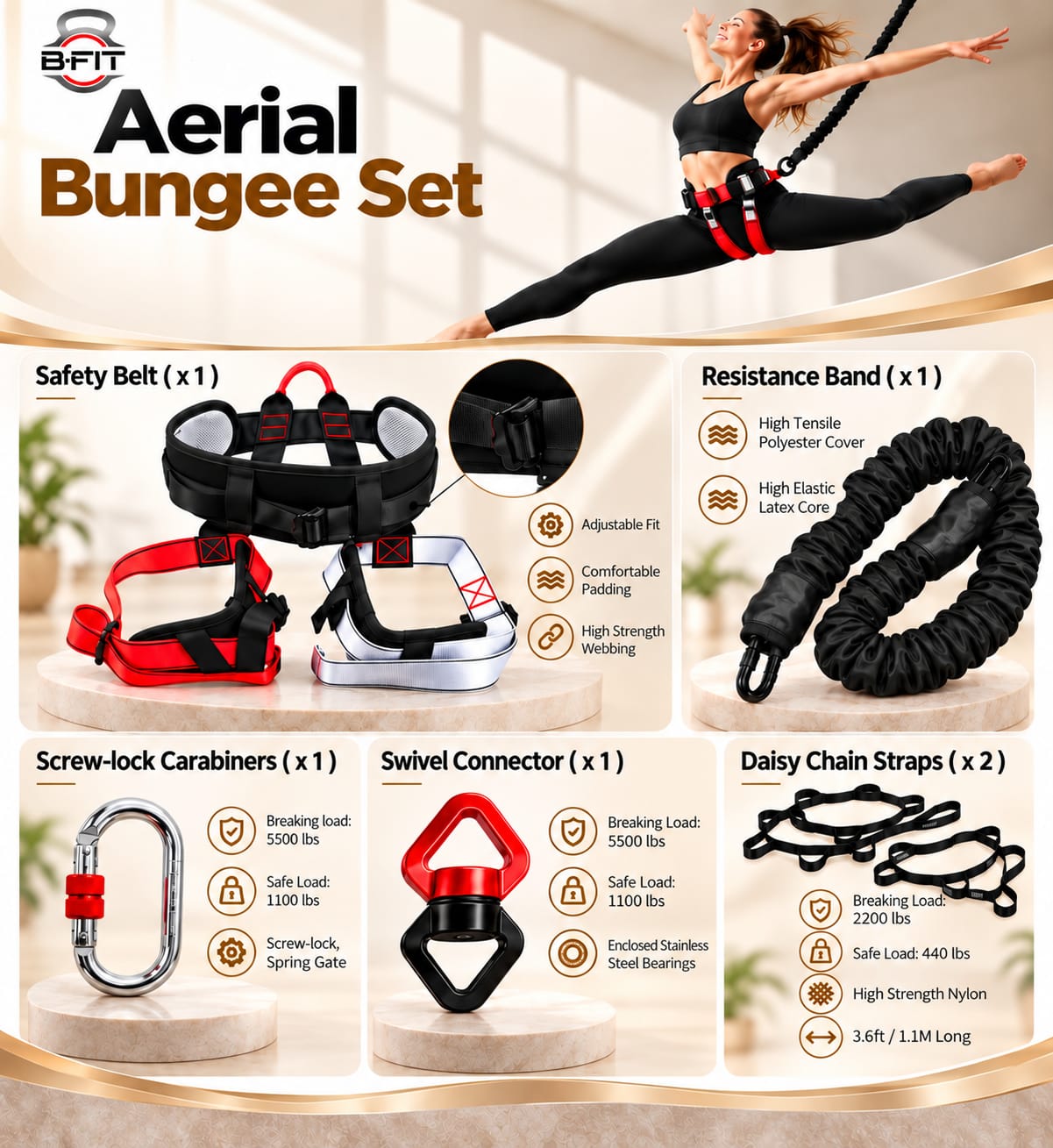 B Fit Upgraded Version Heavy Bungee Resistance Band Set Gravity Yoga Bungee Cord Resistance Belt Set 4D Bungee Dance Rope Workout Fitness Home Gym Professional Training Equipment 80 Kgs