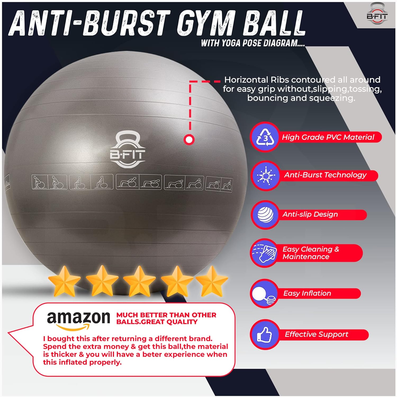B Fit Exercise Printed Heavy Duty Silver Commercial Gym Ball 55-95 Cm - Non-Slip Stability Ball - Anti Burst Yoga Ball