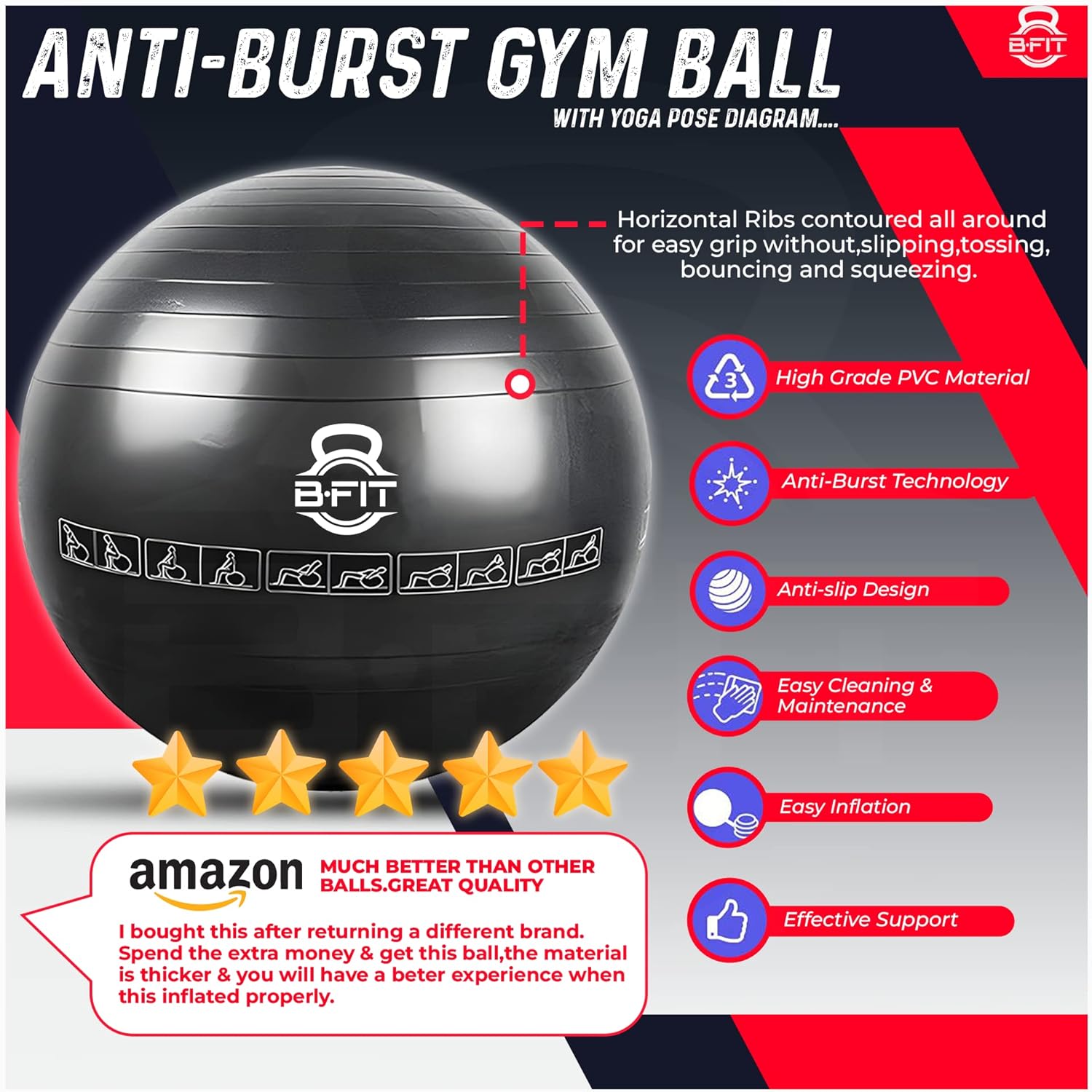B Fit Exercise Printed Heavy Duty Black Commercial Gym Ball 55-95 Cm - Non-Slip Stability Ball - Anti Burst Yoga Ball
