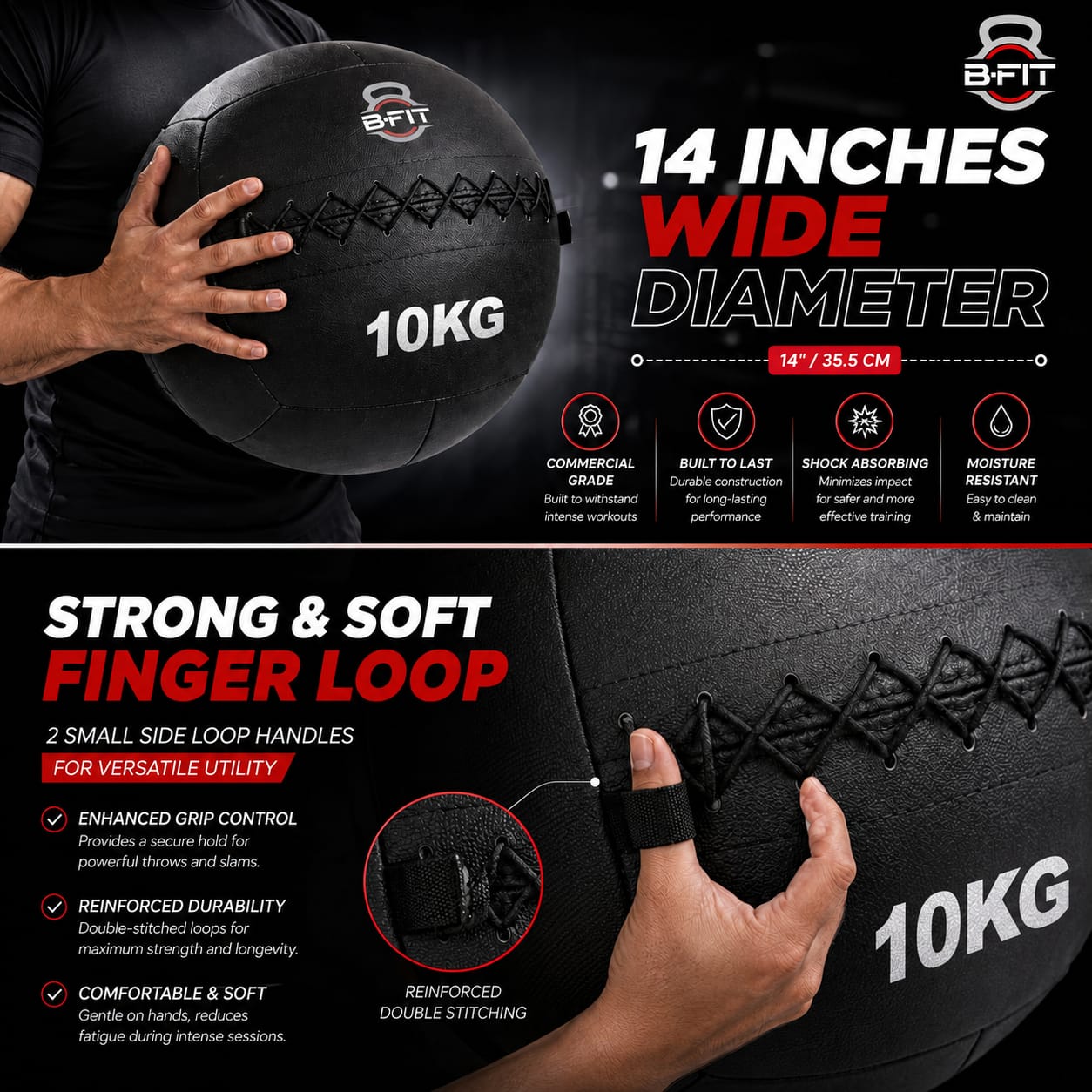 B fit Wall Ball 10 Kg Weighted Exercise Ball for Dynamic Home Gym HIIT Workouts Build Strength Power Endurance Cardio Fitness Soft Leather Heavy Duty Material Comfortable Grip Balanced Weight