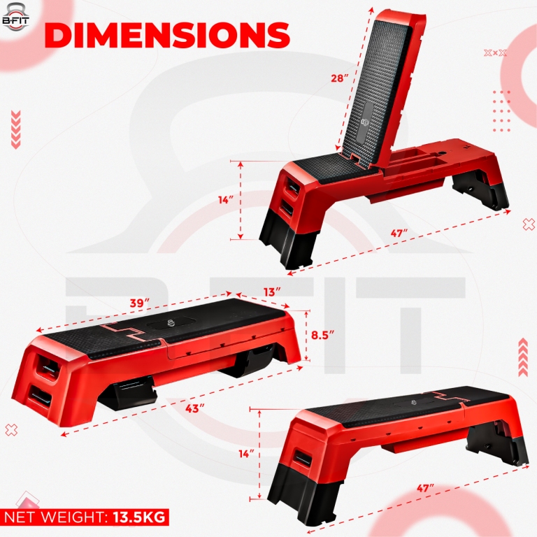 B Fit Aerobic Step Platform Size 120x30x20cm Multifunctional Aerobic Step Platform with 2 Riser Adjustable Platform Non-Slip Surface Exercise Step Platform Color Black and Red