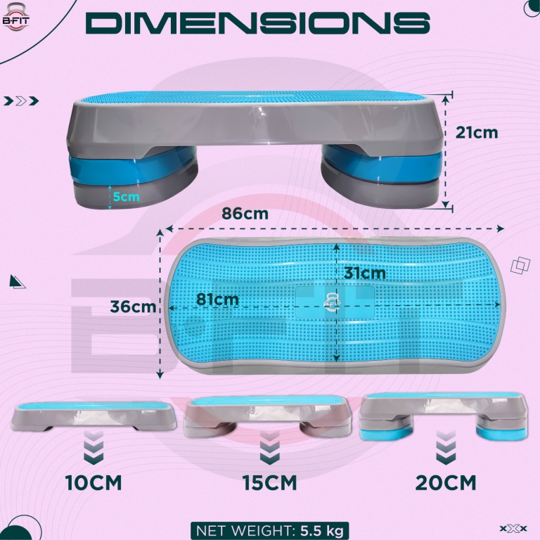 B Fit Aerobic Step Platform Workout Fitness Equipment Stepper Trainer Aerobic Step Platform with with 3 Riser Platform Non-Slip Surface Color Blue Size 85X35X21CM