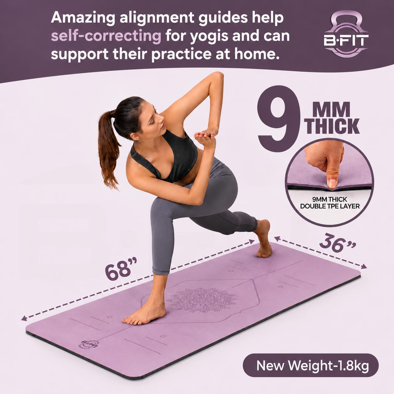 B Fit Extra Wide 36x68 Inch 9 MM Thick Premium TPE Yoga Mat with Alignment Printed Dark Purple-Black Color - Classic Pro Yoga Mat Eco Friendly Non Slip Fitness Exercise Mat with Smart Carry Bag-Workout Mat for Yoga Pilates and Floor Exercises
