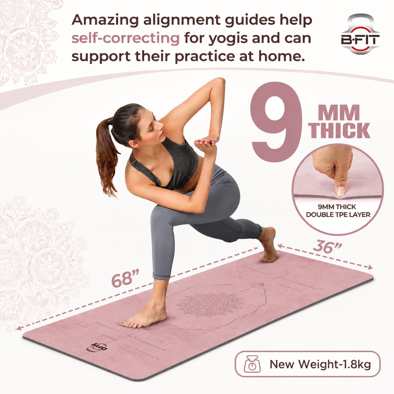 B Fit Extra Wide 36x68 Inch 9 MM Thick Premium TPE Yoga Mat with Alignment Printed Purple-Grey Color - Classic Pro Yoga Mat Eco Friendly Non Slip Fitness Exercise Mat with Smart Carry Bag-Workout Mat for Yoga Pilates and Floor Exercises
