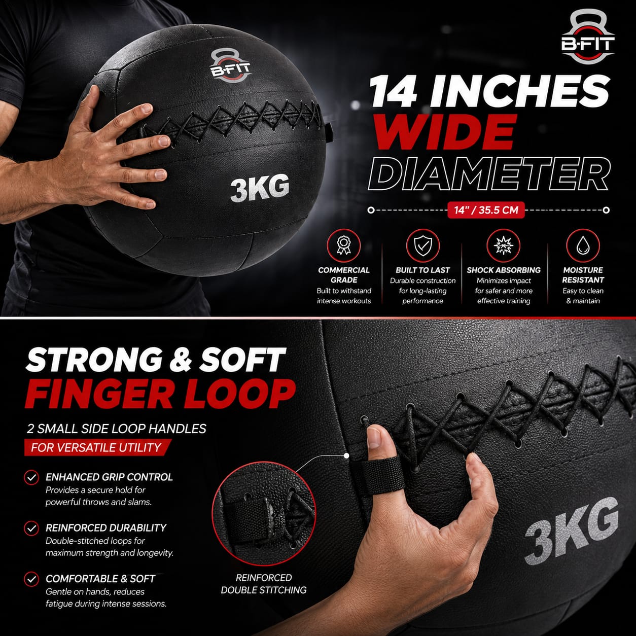 B fit Wall Ball 3 Kg Weighted Exercise Ball for Dynamic Home Gym HIIT Workouts Build Strength Power Endurance Cardio Fitness Soft Leather Heavy Duty Material Comfortable Grip Balanced Weight