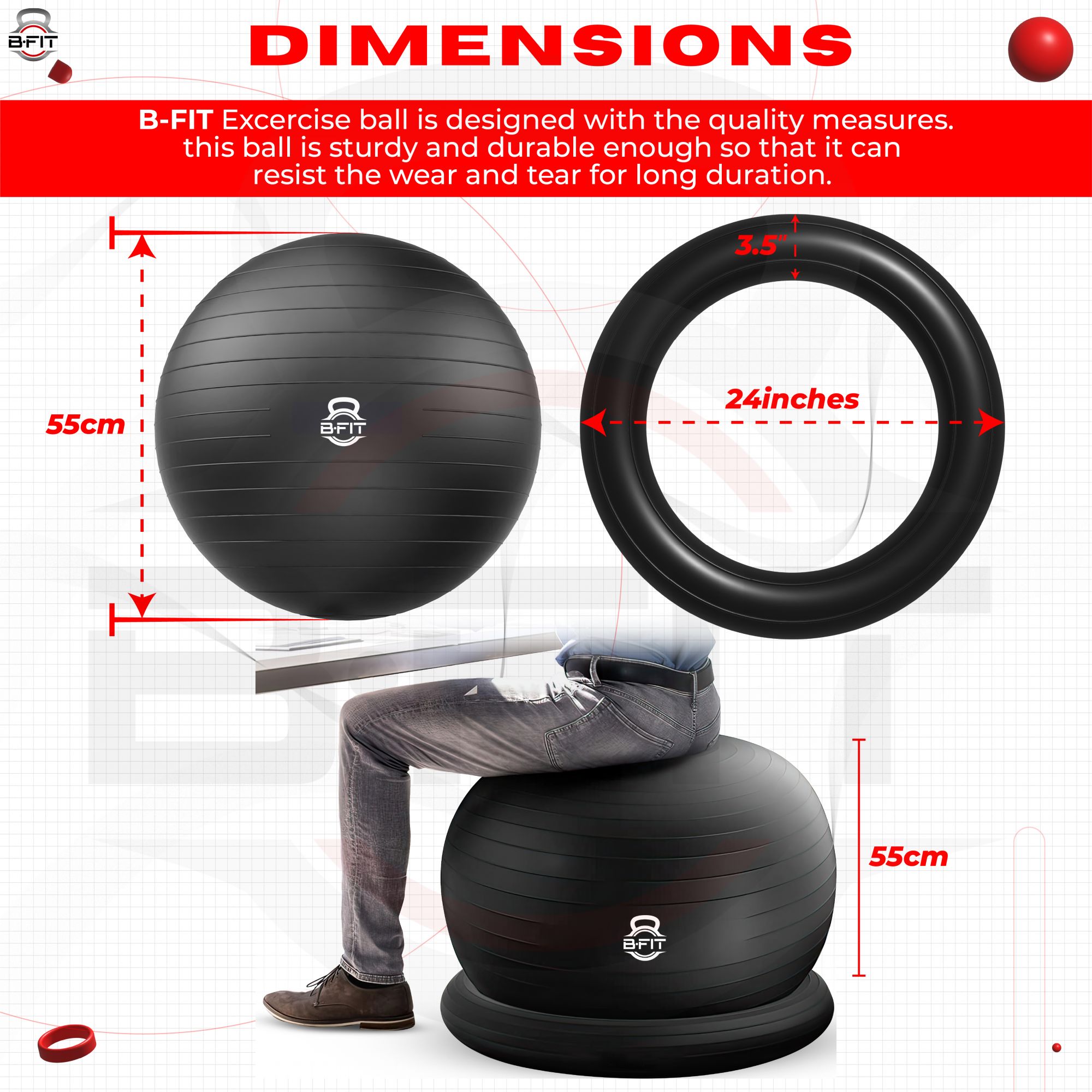 B fit PVC Exercise Printed Anti burst Chair Gym Ball Size 55 cm Black