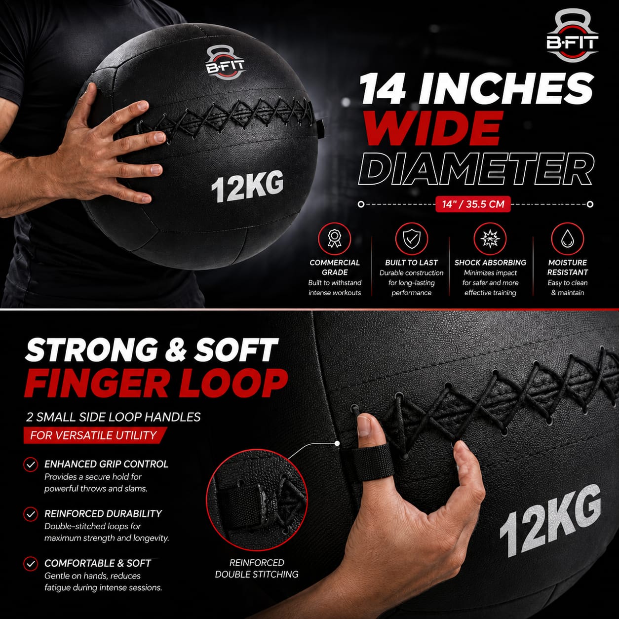 B fit Wall Ball 12 Kg Weighted Exercise Ball for Dynamic Home Gym HIIT Workouts Build Strength Power Endurance Cardio Fitness Soft Leather Heavy Duty Material Comfortable Grip Balanced Weight