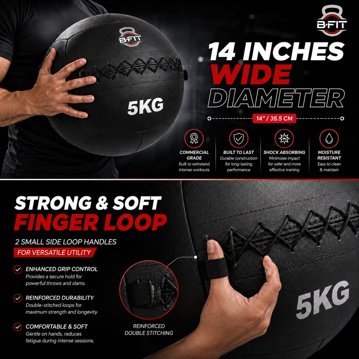 B fit Wall Ball 5 Kg Weighted Exercise Ball for Dynamic Home Gym HIIT Workouts Build Strength Power Endurance Cardio Fitness Soft Leather Heavy Duty Material Comfortable Grip Balanced Weight