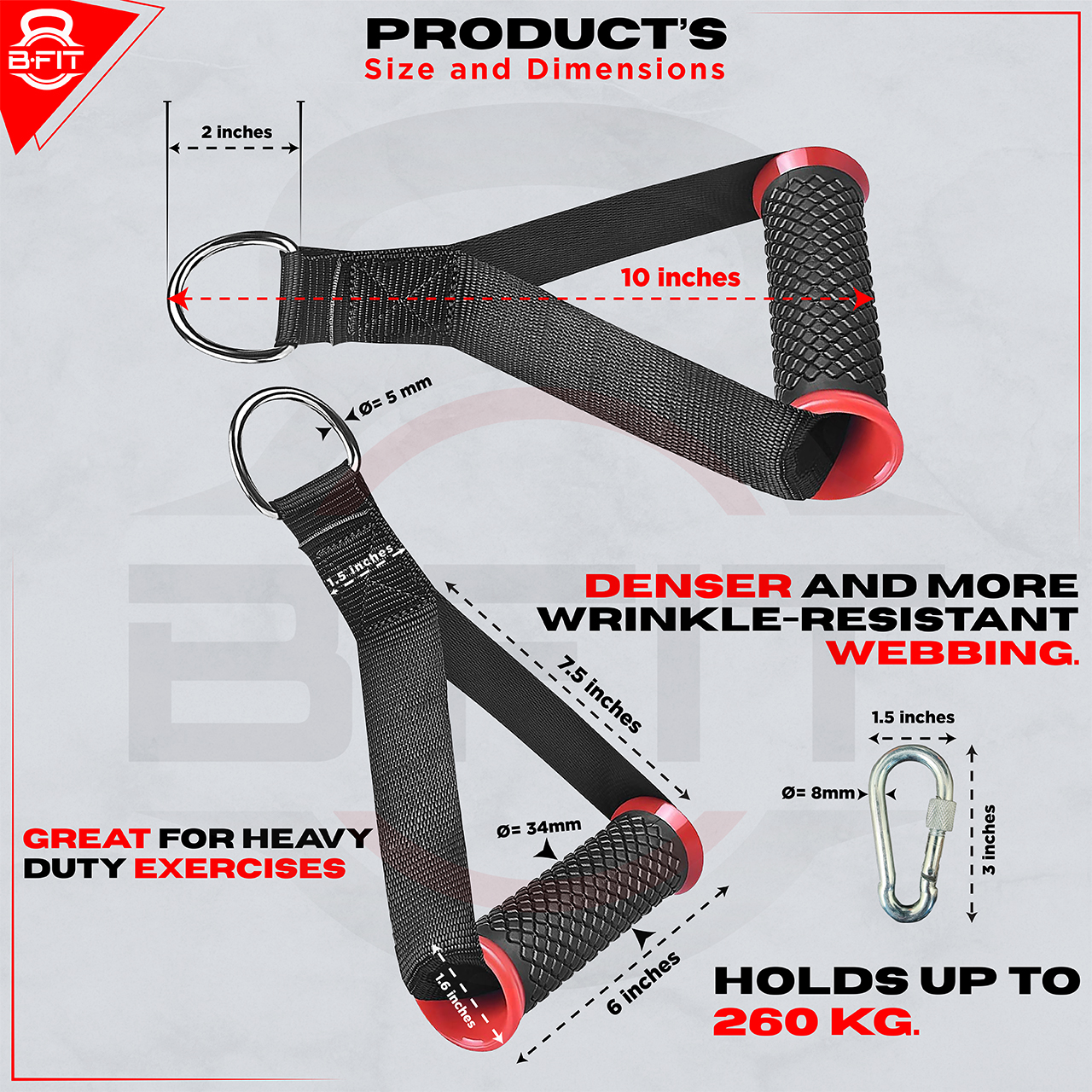 B Fit Nylon Gym Handle Pair with 8 MM Carabiners Snap Hook