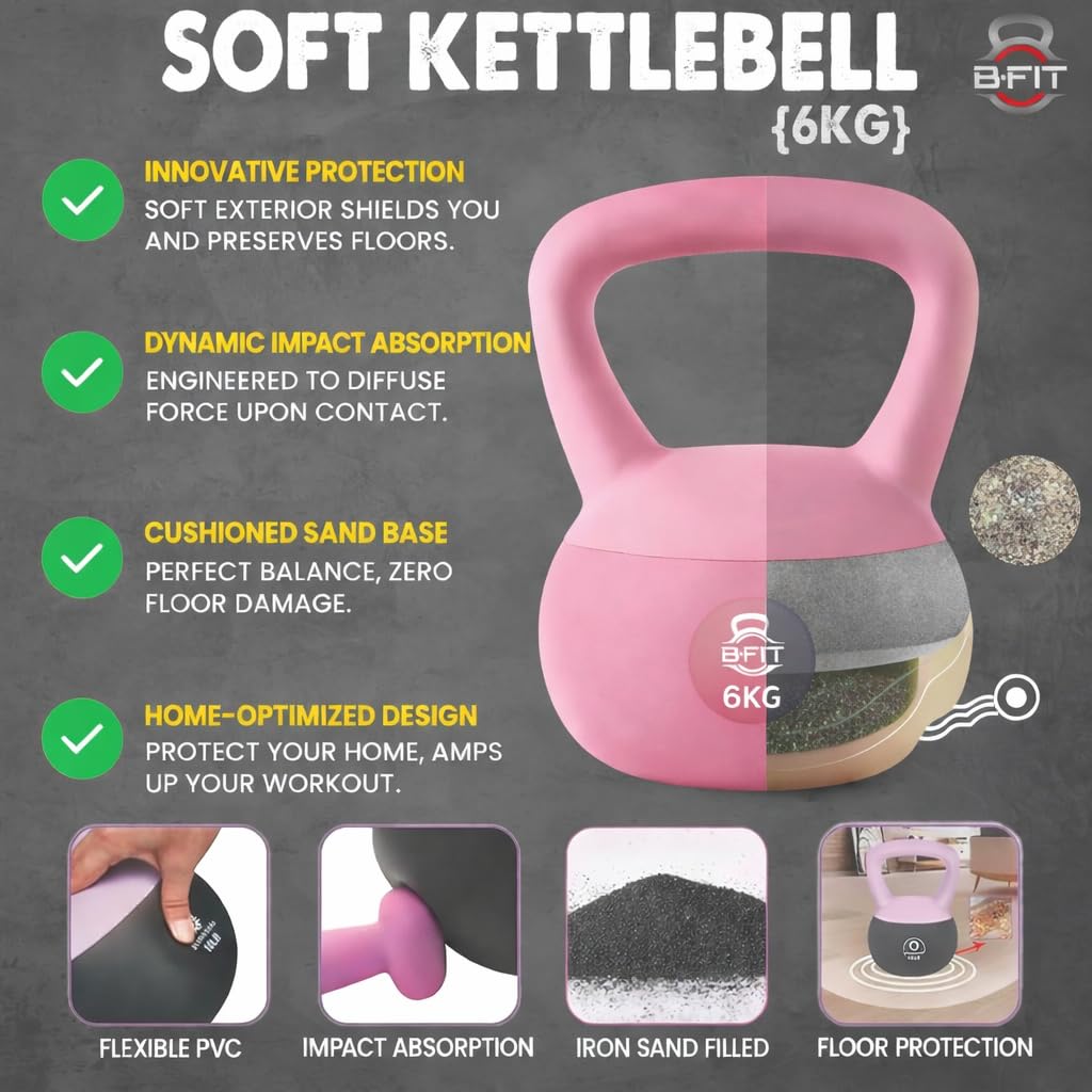 B Fit Soft Kettlebells 6 Kg with Cushioned Impact-Resistant Base and Anti-Slip