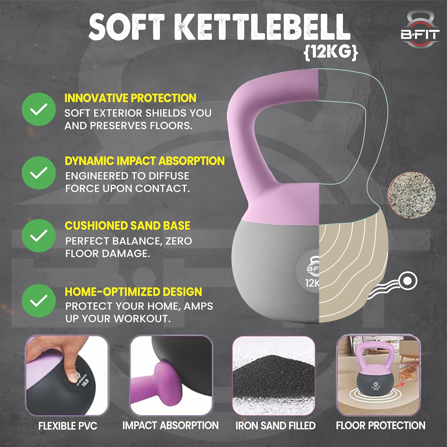 B Fit Soft Kettlebells 12 Kg with Cushioned Impact-Resistant Base and Anti-Slip