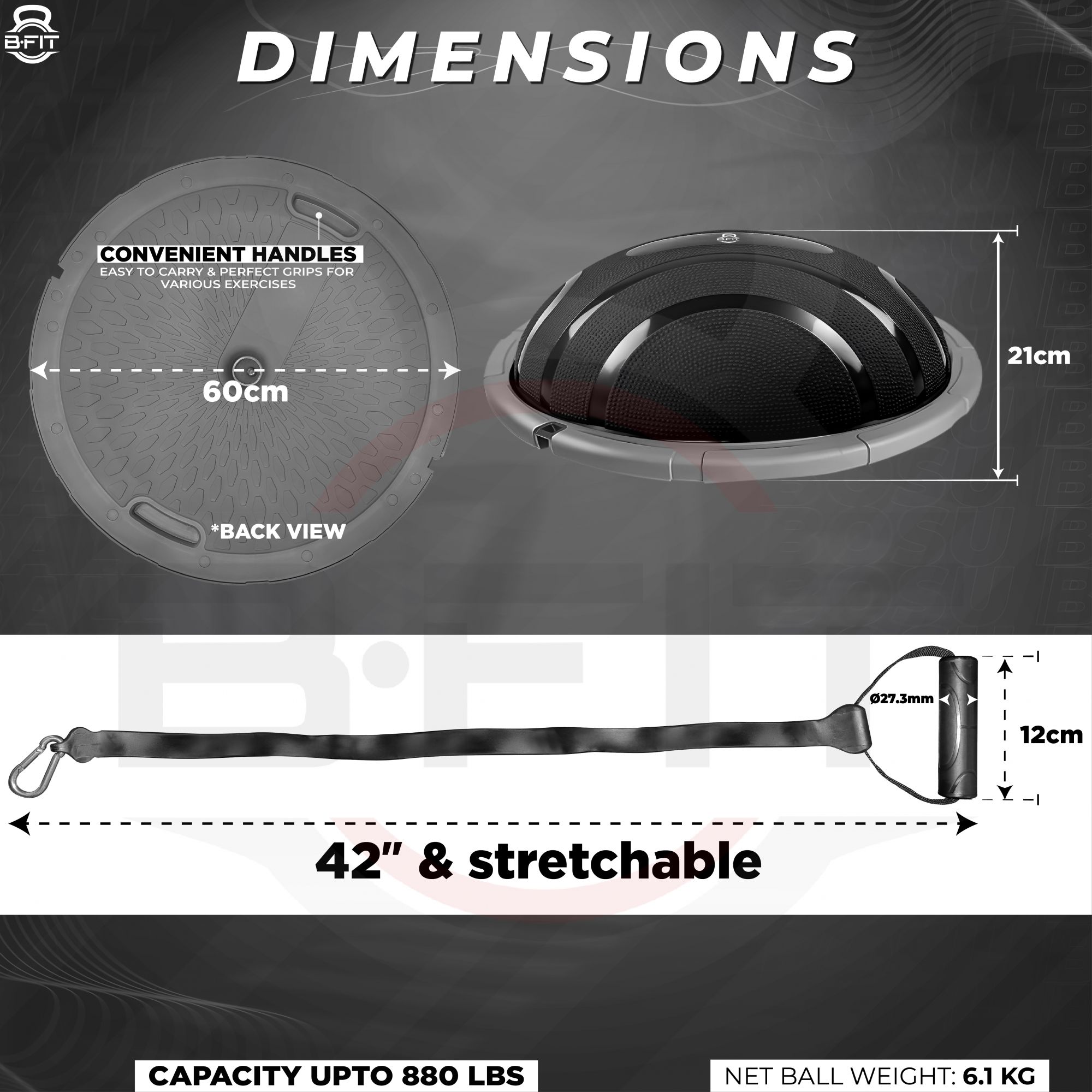 B FIT Balance Trainer Stability Half Bosu Ball with Resistance Bands and Pump - Improve Core and Ab Strength With Full Body Home Gym Workouts Or Fitness Training