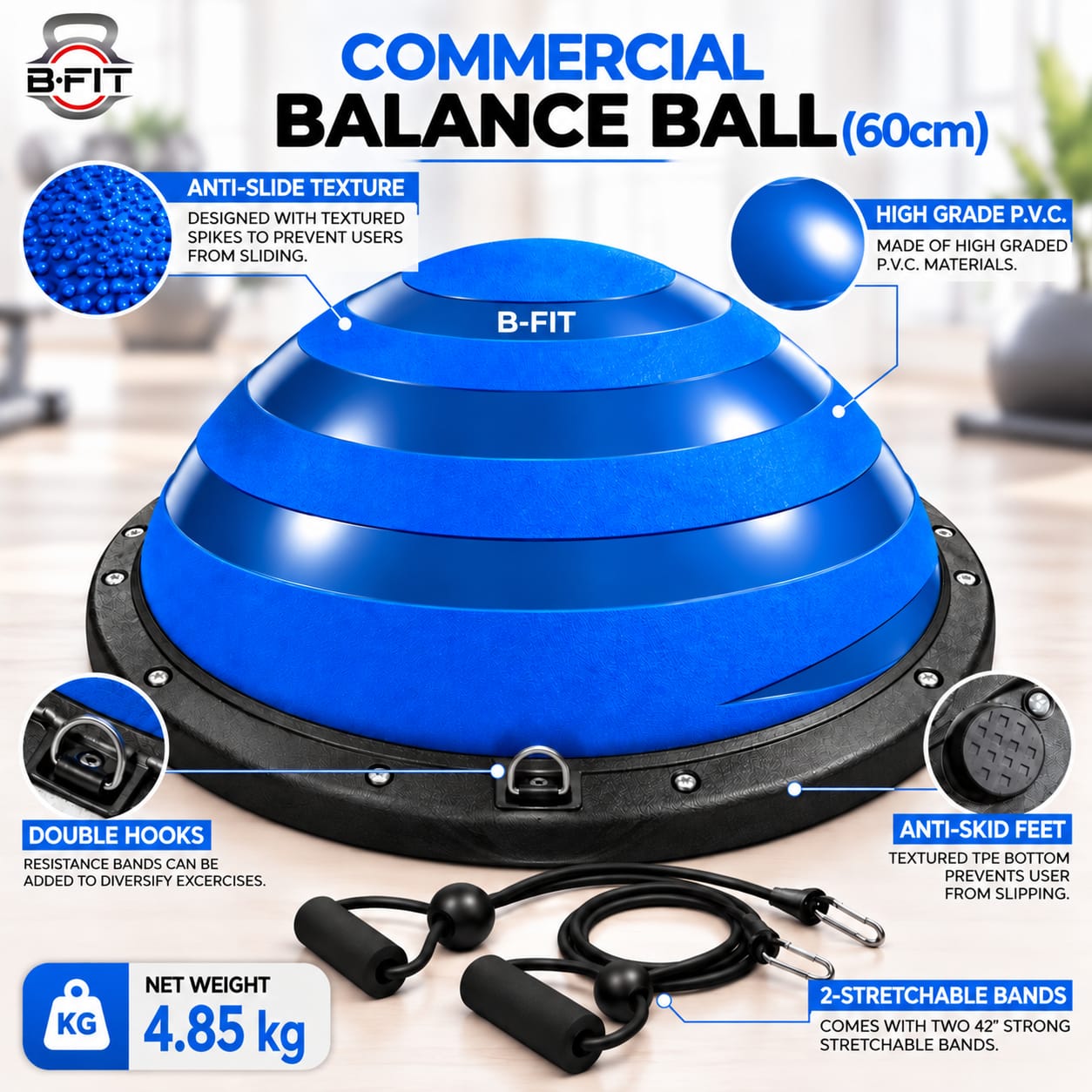 B FIT Balance Trainer Stability Half Ball Bosu Ball Blue Colour 60 Cm with Pump and Tubes