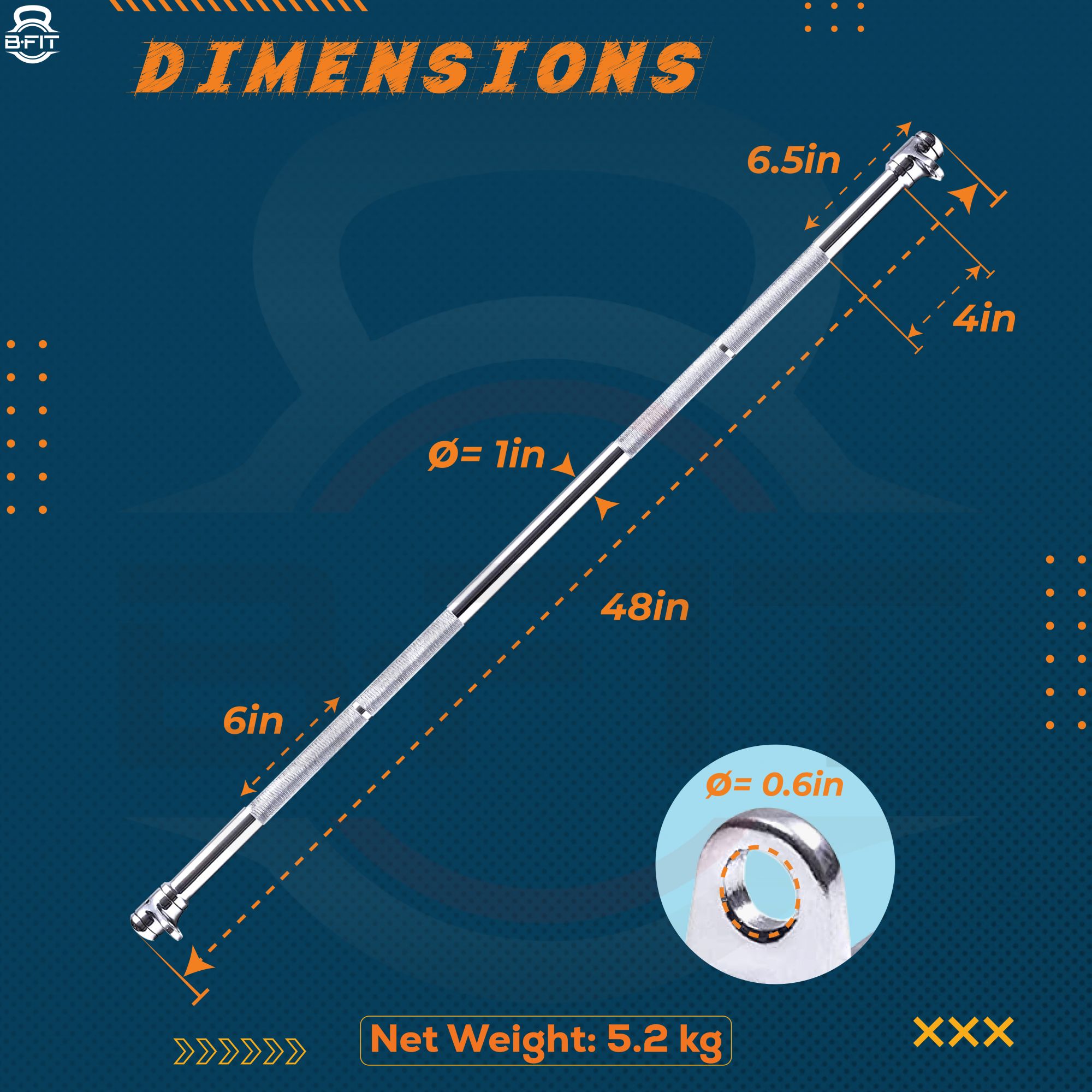 B Fit 48 Straight Lat Pull Down Bar with Revolving Double Hook for Dual Pulley Cable Machines Functional Trainer Multi-Purpose Attachment