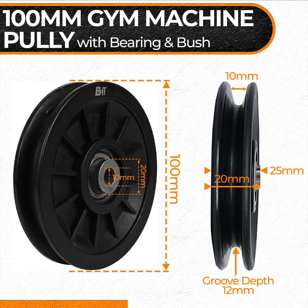 B Fit Gym Pulley 100 MM Black with inbuilt Bearing and Bush Wheel Cable Gym Fitness Equipment Part Set