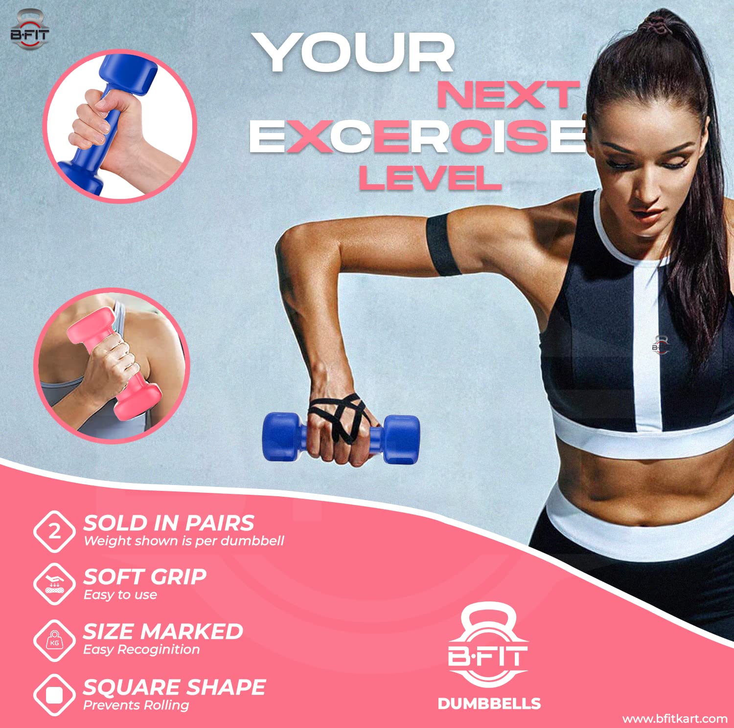 B fit Vinyl Square shape Dumbbell 1 Kg Pair Packing