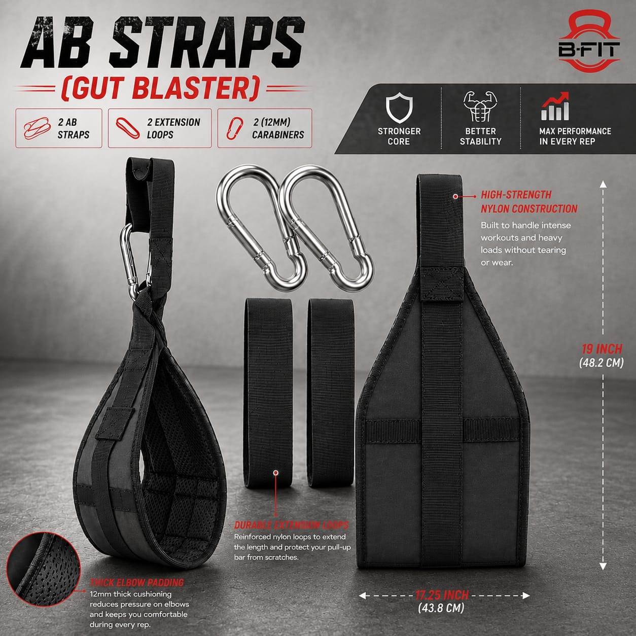 B Fit Fitness Hanging Close Loop Design Ab Straps for Pull Up Bar Core Strength Training - Soft Padded Exercise Straps for Ab Swing Leg Raises 2 Hang Bar Strap with 2 Steel Carabiners - Abs Equipment for Home Gym